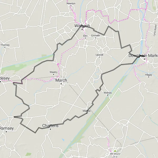 Map miniature of "The Cambridgeshire Loop" cycling inspiration in East Anglia, United Kingdom. Generated by Tarmacs.app cycling route planner