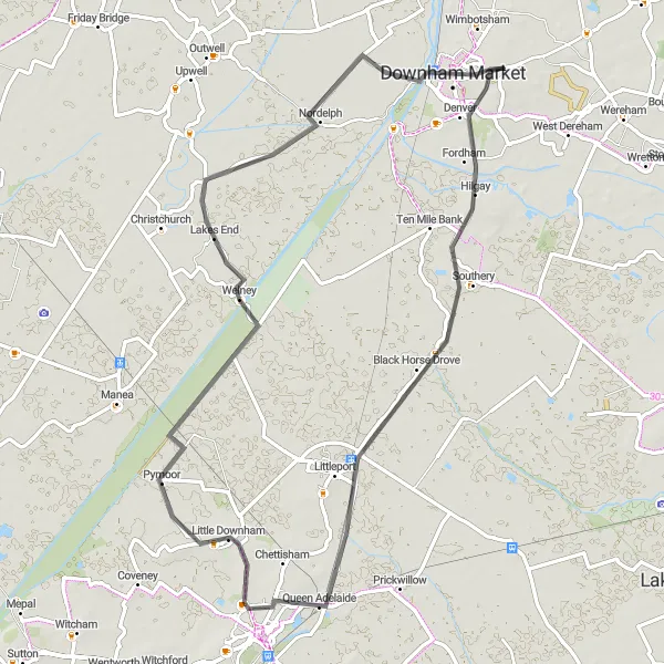 Map miniature of "Discovering the Fens" cycling inspiration in East Anglia, United Kingdom. Generated by Tarmacs.app cycling route planner