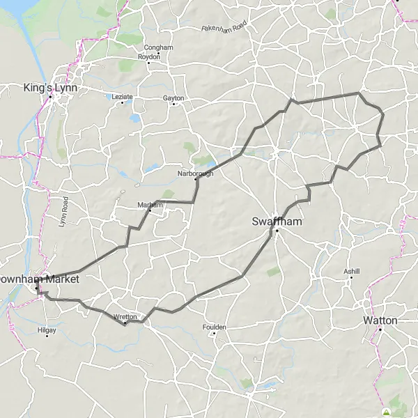 Map miniature of "The Fens and Norfolk Woods Loop" cycling inspiration in East Anglia, United Kingdom. Generated by Tarmacs.app cycling route planner