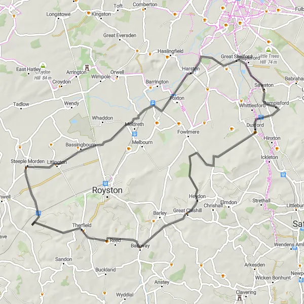 Map miniature of "The Cambridgeshire Countryside Ride" cycling inspiration in East Anglia, United Kingdom. Generated by Tarmacs.app cycling route planner