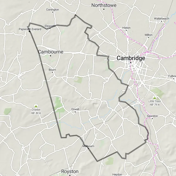 Map miniature of "The Papworth Loop" cycling inspiration in East Anglia, United Kingdom. Generated by Tarmacs.app cycling route planner