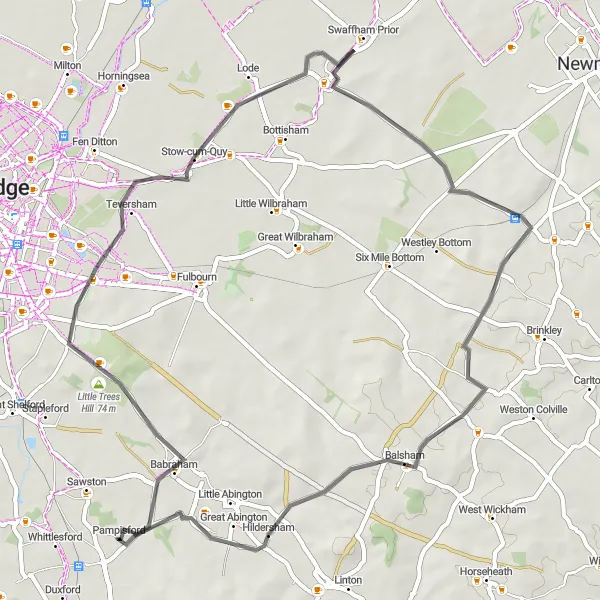 Map miniature of "Duxford to Gog Magog Hills and Back" cycling inspiration in East Anglia, United Kingdom. Generated by Tarmacs.app cycling route planner