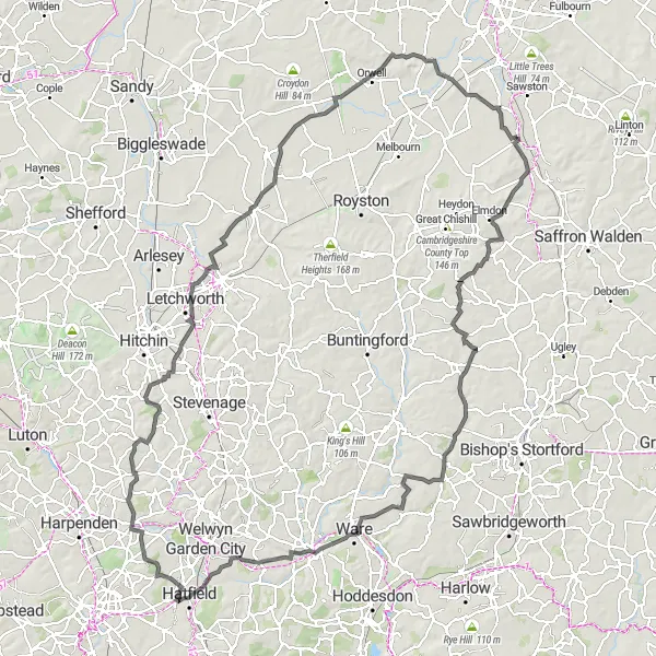 Map miniature of "The Ware and Duxford Circuit" cycling inspiration in East Anglia, United Kingdom. Generated by Tarmacs.app cycling route planner