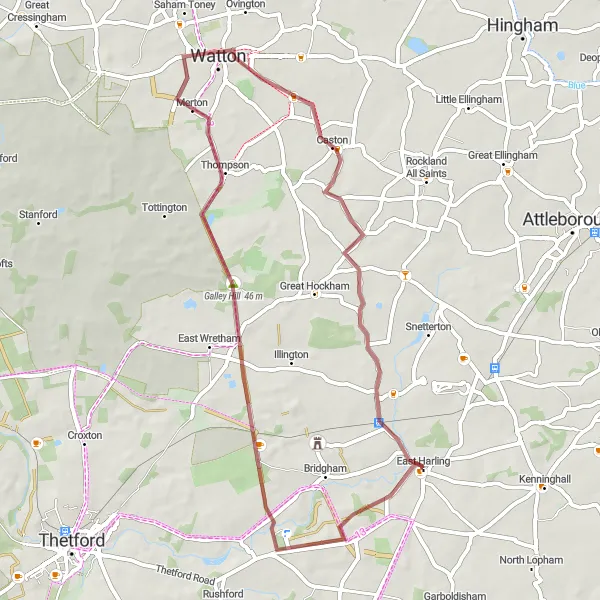 Map miniature of "Gravel Adventure to Stonebridge" cycling inspiration in East Anglia, United Kingdom. Generated by Tarmacs.app cycling route planner