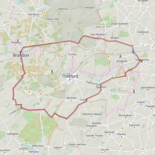 Map miniature of "Ultimate Gravel Challenge: Illington Ride" cycling inspiration in East Anglia, United Kingdom. Generated by Tarmacs.app cycling route planner