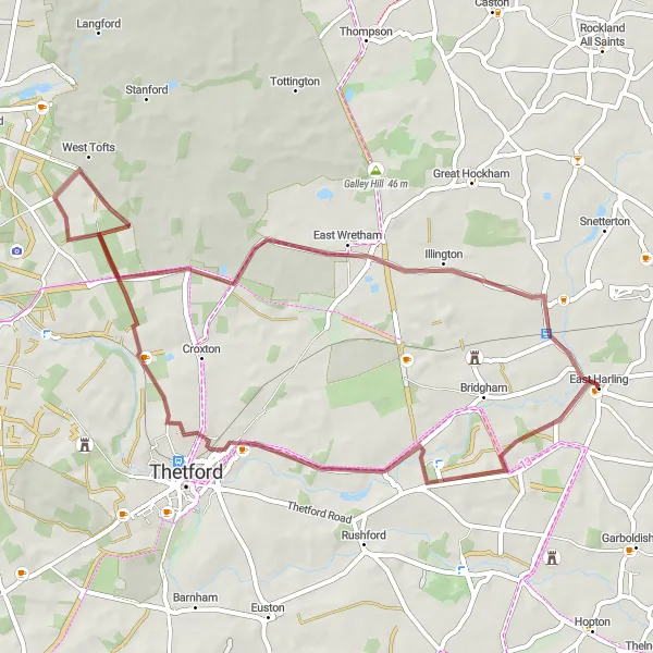 Map miniature of "Gravel Exploration around East Harling" cycling inspiration in East Anglia, United Kingdom. Generated by Tarmacs.app cycling route planner