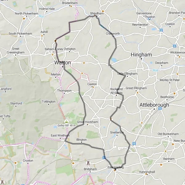 Map miniature of "East Harling and Beyond" cycling inspiration in East Anglia, United Kingdom. Generated by Tarmacs.app cycling route planner