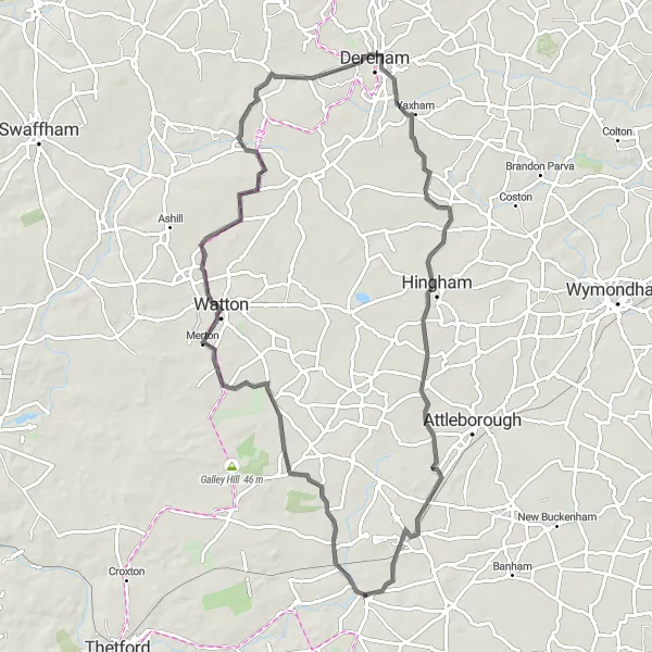 Map miniature of "Road Cycling Adventure: East Harling and Beyond" cycling inspiration in East Anglia, United Kingdom. Generated by Tarmacs.app cycling route planner