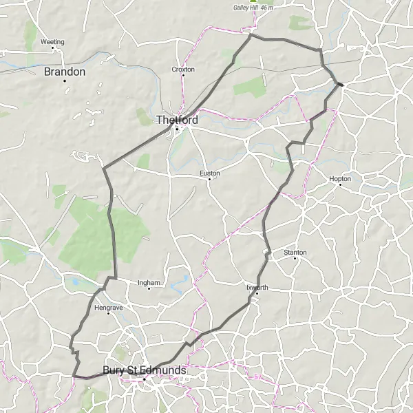 Map miniature of "The Thrilling East Harling Loop" cycling inspiration in East Anglia, United Kingdom. Generated by Tarmacs.app cycling route planner