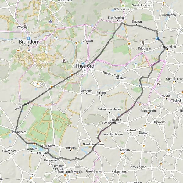 Map miniature of "Challenging Road Circuit from East Harling" cycling inspiration in East Anglia, United Kingdom. Generated by Tarmacs.app cycling route planner