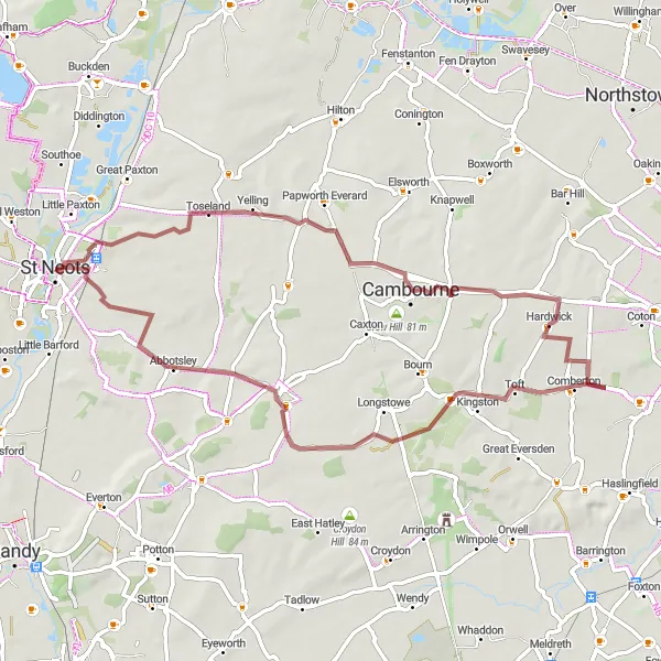 Map miniature of "Gravel Adventure to Eaton Ford" cycling inspiration in East Anglia, United Kingdom. Generated by Tarmacs.app cycling route planner