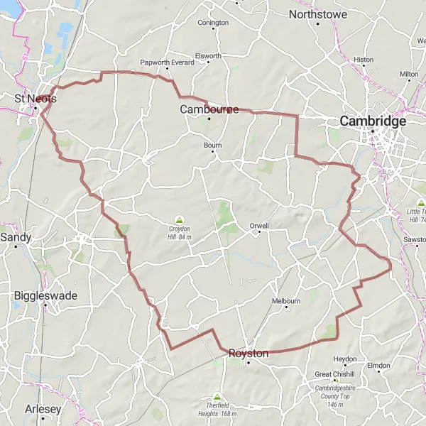 Map miniature of "Challenging Gravel Adventure" cycling inspiration in East Anglia, United Kingdom. Generated by Tarmacs.app cycling route planner