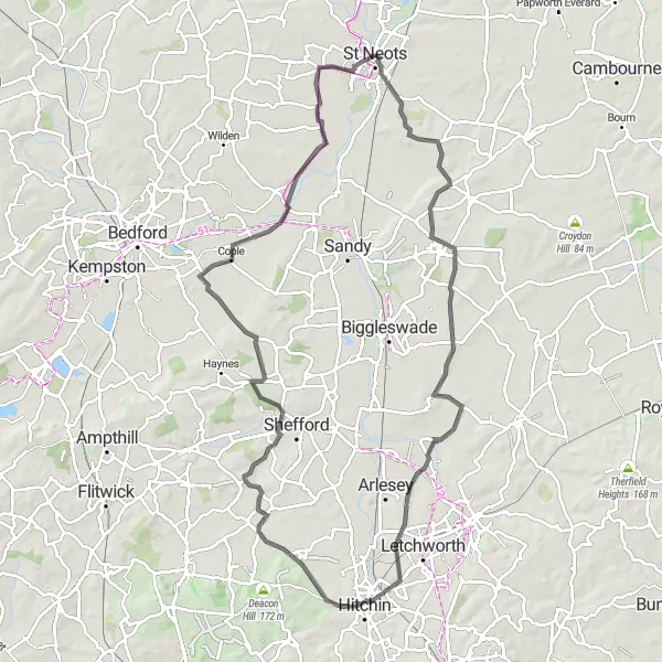 Map miniature of "Discover Scenic Routes to Potton and Eaton Ford" cycling inspiration in East Anglia, United Kingdom. Generated by Tarmacs.app cycling route planner