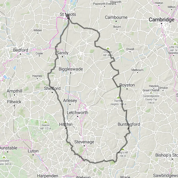 Map miniature of "Adventurous Road Cycling Journey to Eaton Ford" cycling inspiration in East Anglia, United Kingdom. Generated by Tarmacs.app cycling route planner