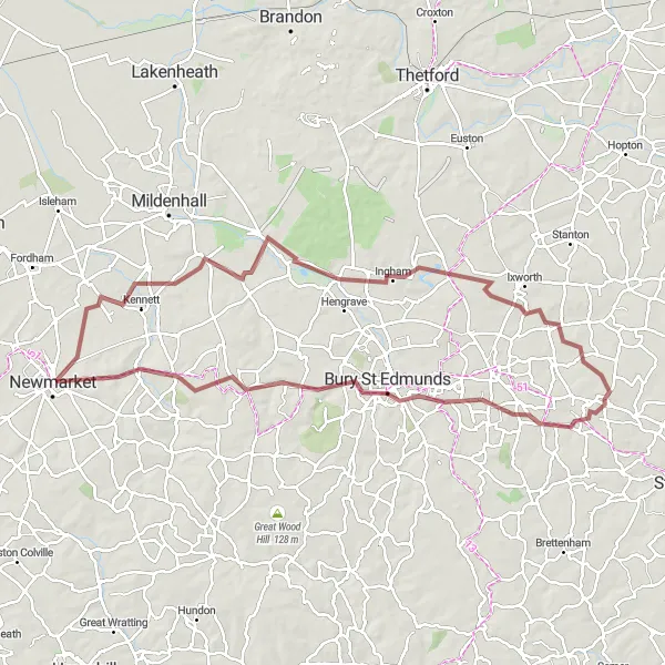 Map miniature of "Elmswell Gravel Adventure" cycling inspiration in East Anglia, United Kingdom. Generated by Tarmacs.app cycling route planner