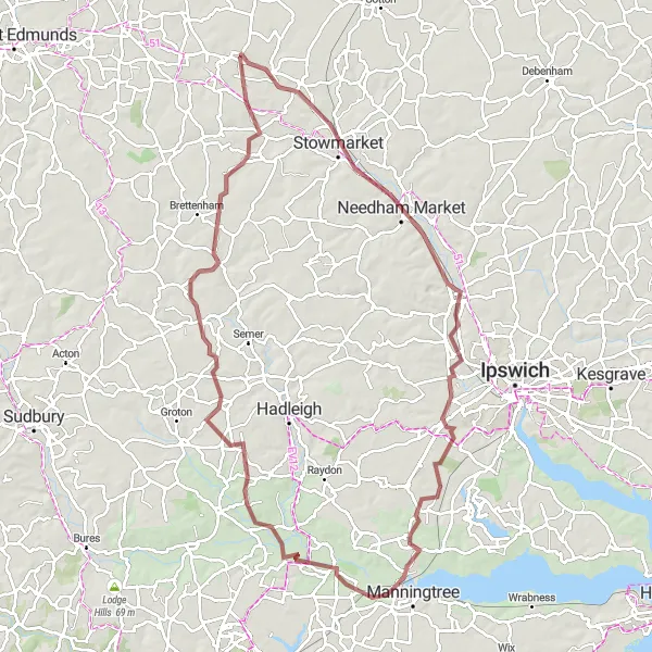 Map miniature of "Bentley and Dedham Gravel Adventure" cycling inspiration in East Anglia, United Kingdom. Generated by Tarmacs.app cycling route planner