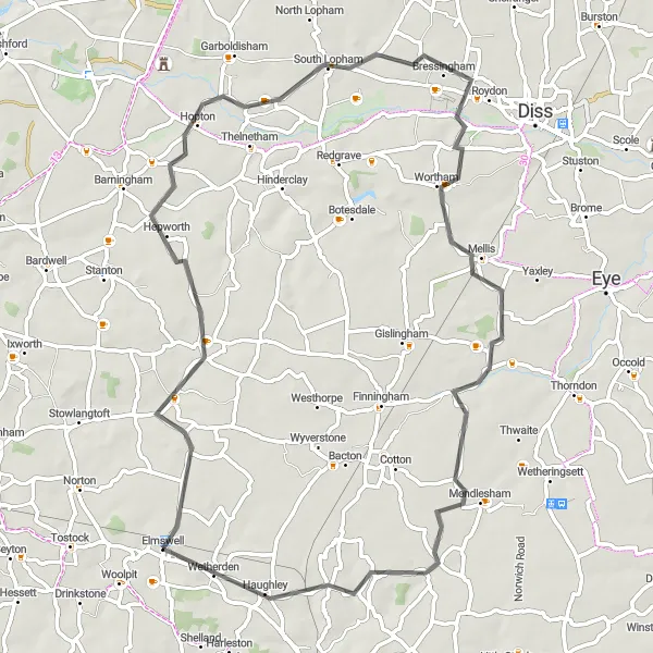 Map miniature of "The Hopton Explorer" cycling inspiration in East Anglia, United Kingdom. Generated by Tarmacs.app cycling route planner