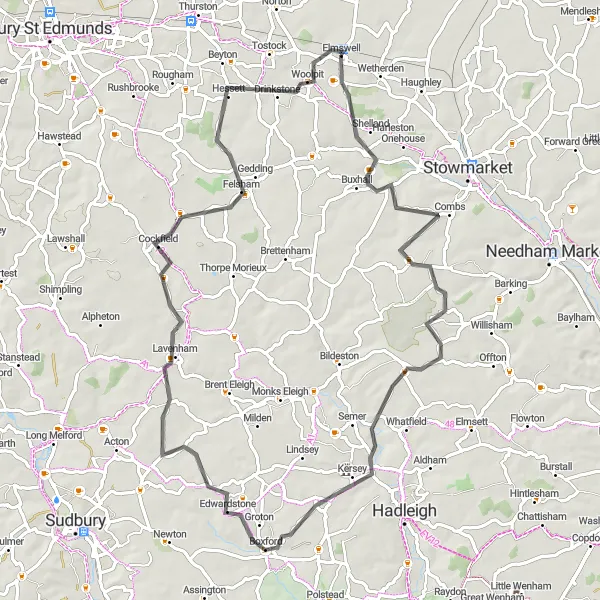 Map miniature of "The Lavenham Loop" cycling inspiration in East Anglia, United Kingdom. Generated by Tarmacs.app cycling route planner