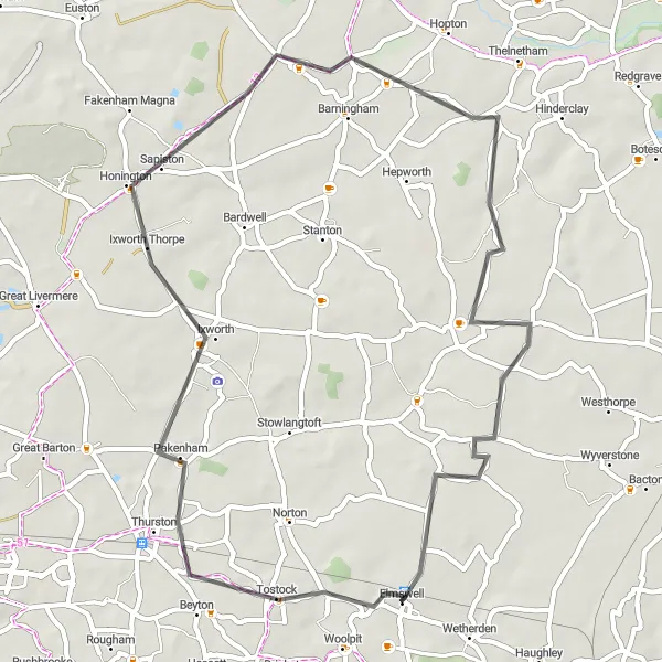Map miniature of "The Ixworth and Wattisfield Loop" cycling inspiration in East Anglia, United Kingdom. Generated by Tarmacs.app cycling route planner