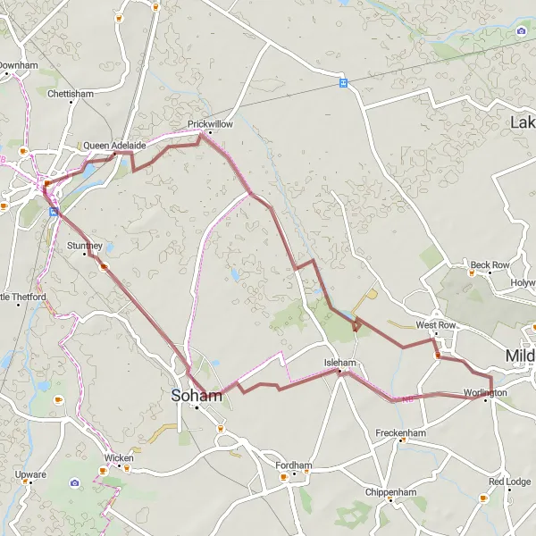 Map miniature of "Hidden Gravel Gems" cycling inspiration in East Anglia, United Kingdom. Generated by Tarmacs.app cycling route planner