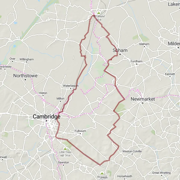 Map miniature of "Gravel Adventure to Gog Magog Hills" cycling inspiration in East Anglia, United Kingdom. Generated by Tarmacs.app cycling route planner