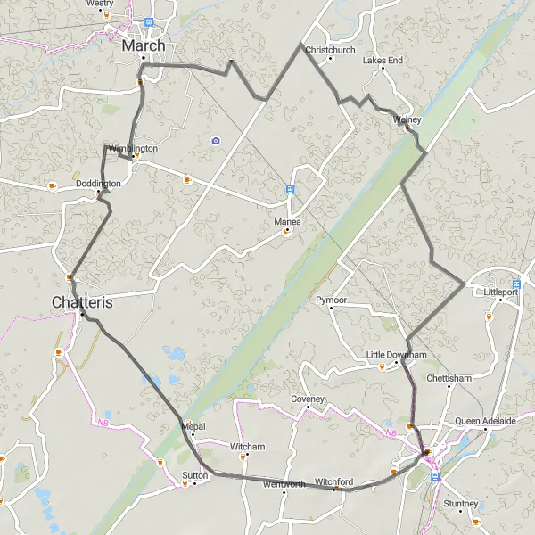 Map miniature of "Scenic Road Ride to Chatteris" cycling inspiration in East Anglia, United Kingdom. Generated by Tarmacs.app cycling route planner