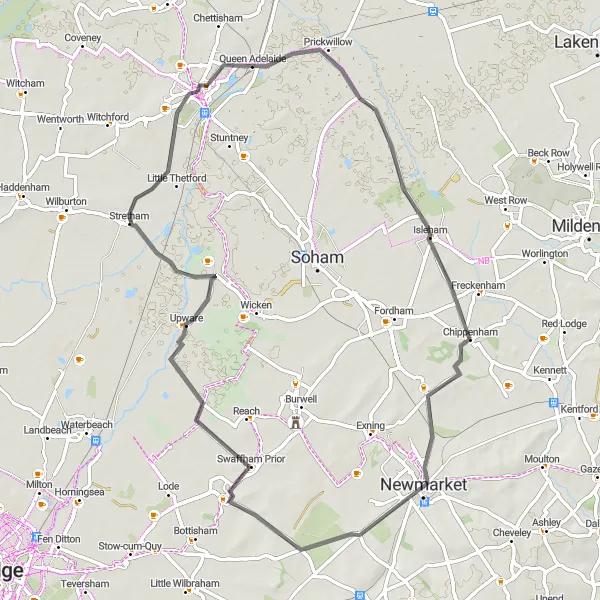 Map miniature of "Road Cycling Tour of Cambridgeshire" cycling inspiration in East Anglia, United Kingdom. Generated by Tarmacs.app cycling route planner