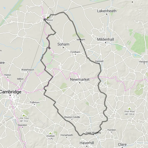 Map miniature of "Windswept Fens Adventure" cycling inspiration in East Anglia, United Kingdom. Generated by Tarmacs.app cycling route planner