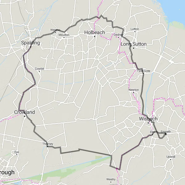 Map miniature of "Elm to Wisbech Road Journey" cycling inspiration in East Anglia, United Kingdom. Generated by Tarmacs.app cycling route planner