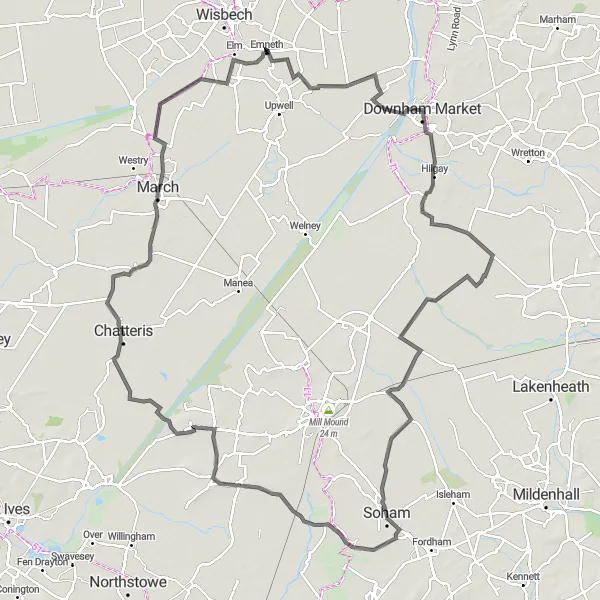 Map miniature of "Fenland Adventure" cycling inspiration in East Anglia, United Kingdom. Generated by Tarmacs.app cycling route planner