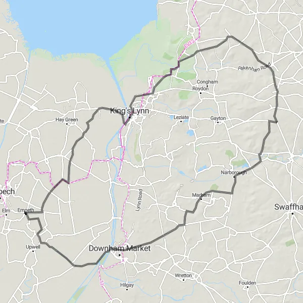 Map miniature of "The West Acre Challenge" cycling inspiration in East Anglia, United Kingdom. Generated by Tarmacs.app cycling route planner