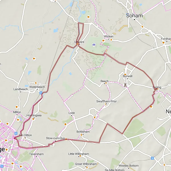 Map miniature of "The Burwell Gravel Loop" cycling inspiration in East Anglia, United Kingdom. Generated by Tarmacs.app cycling route planner