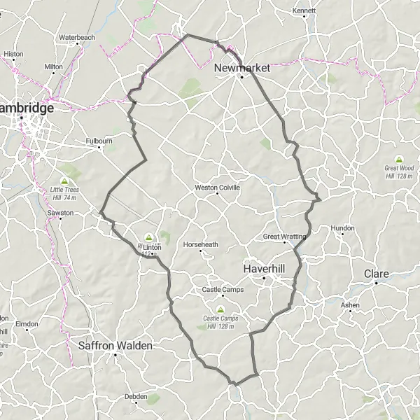 Map miniature of "The Newmarket Challenge" cycling inspiration in East Anglia, United Kingdom. Generated by Tarmacs.app cycling route planner