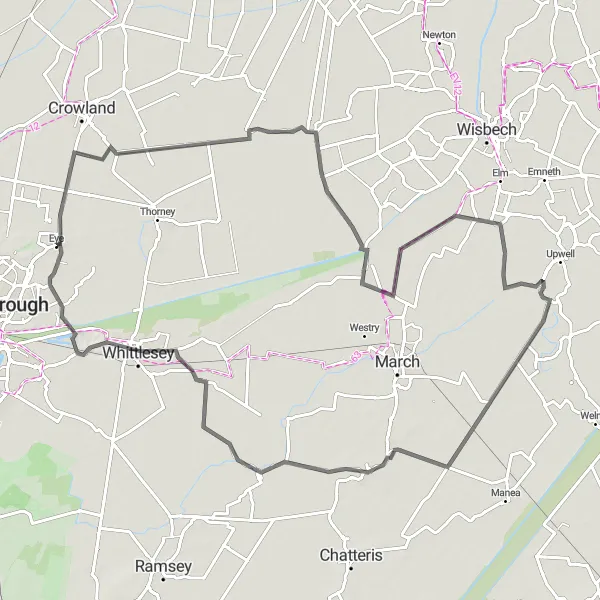 Map miniature of "Eye Green Loop" cycling inspiration in East Anglia, United Kingdom. Generated by Tarmacs.app cycling route planner