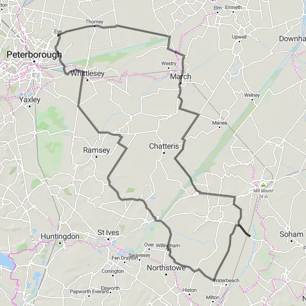 Map miniature of "March and Ramsey Adventure" cycling inspiration in East Anglia, United Kingdom. Generated by Tarmacs.app cycling route planner