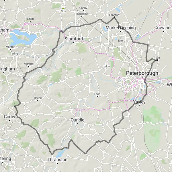 Map miniature of "Rutland Circuit" cycling inspiration in East Anglia, United Kingdom. Generated by Tarmacs.app cycling route planner