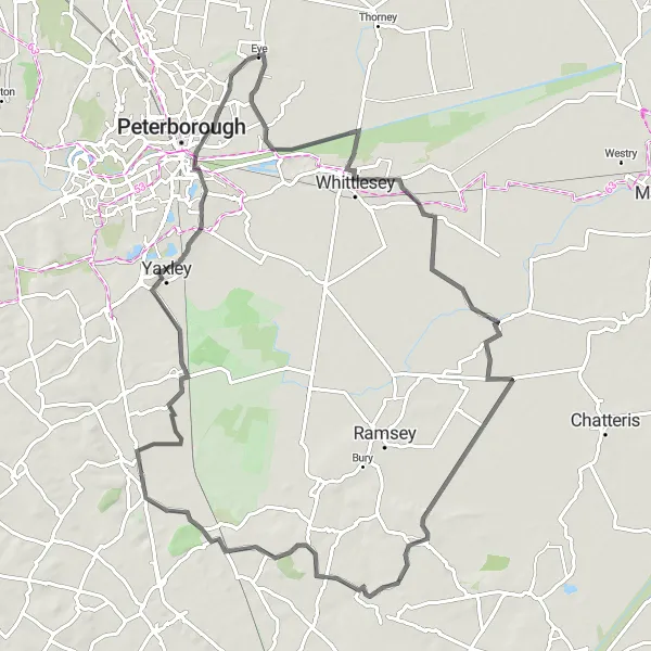 Map miniature of "Whittlesey Loop" cycling inspiration in East Anglia, United Kingdom. Generated by Tarmacs.app cycling route planner