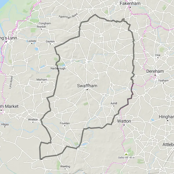 Map miniature of "West Norfolk Challenge" cycling inspiration in East Anglia, United Kingdom. Generated by Tarmacs.app cycling route planner