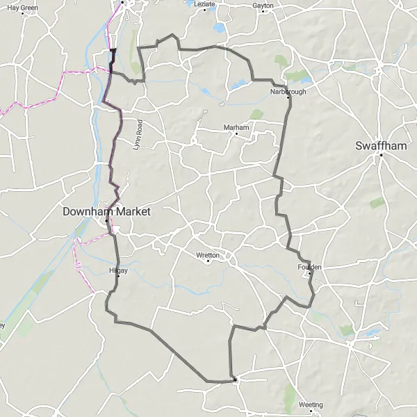 Map miniature of "The Countryside Road Loop" cycling inspiration in East Anglia, United Kingdom. Generated by Tarmacs.app cycling route planner