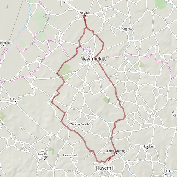 Map miniature of "Newmarket Exploration" cycling inspiration in East Anglia, United Kingdom. Generated by Tarmacs.app cycling route planner