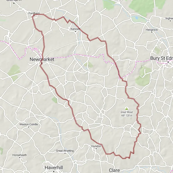 Map miniature of "Fordham Gravel Loop" cycling inspiration in East Anglia, United Kingdom. Generated by Tarmacs.app cycling route planner