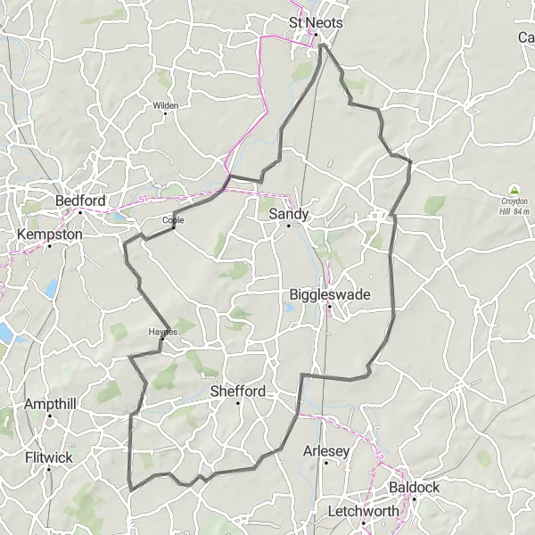 Map miniature of "Gamlingay to Great Barford via Dunton, Shillington, Clophill, and Gamlingay" cycling inspiration in East Anglia, United Kingdom. Generated by Tarmacs.app cycling route planner