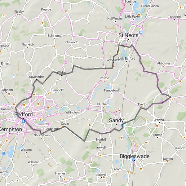 Map miniature of "Gamlingay to Tetworth via Sandy, Bedford, Ravensden, and Eaton Socon" cycling inspiration in East Anglia, United Kingdom. Generated by Tarmacs.app cycling route planner