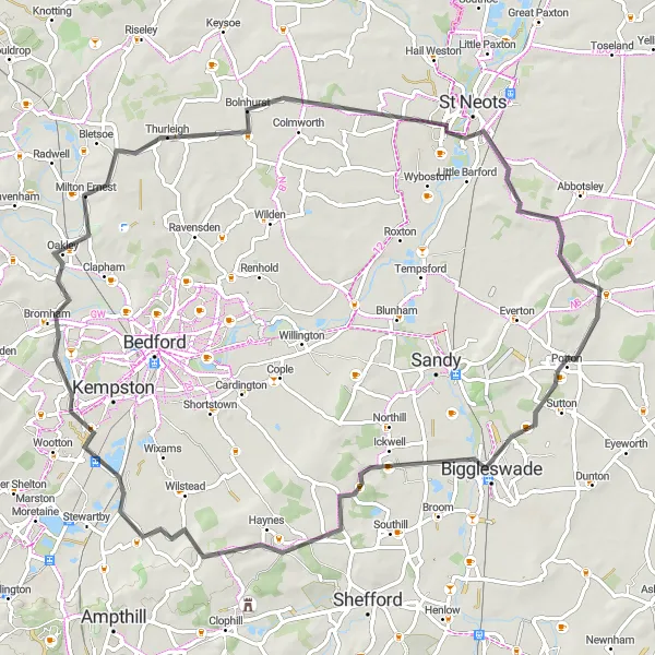 Map miniature of "Cambridge Countryside Loop" cycling inspiration in East Anglia, United Kingdom. Generated by Tarmacs.app cycling route planner