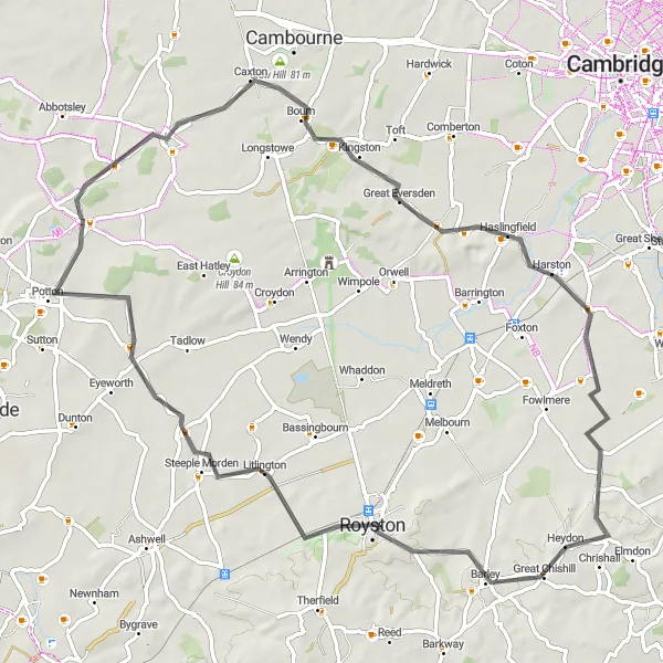 Map miniature of "Cambridgeshire Hill Challenge" cycling inspiration in East Anglia, United Kingdom. Generated by Tarmacs.app cycling route planner