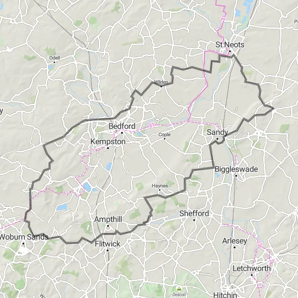 Map miniature of "Ultimate Bedfordshire Challenge" cycling inspiration in East Anglia, United Kingdom. Generated by Tarmacs.app cycling route planner
