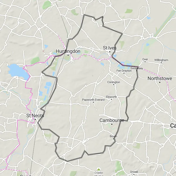 Map miniature of "Cambridgeshire Countryside Delight" cycling inspiration in East Anglia, United Kingdom. Generated by Tarmacs.app cycling route planner