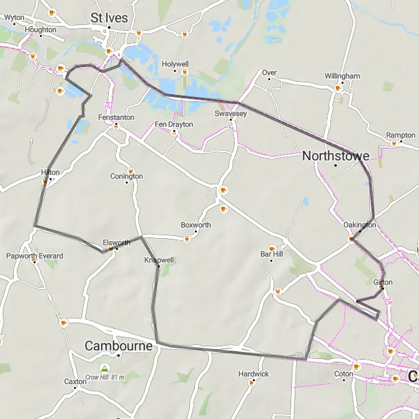 Map miniature of "Girton to Hemingford Grey Loop" cycling inspiration in East Anglia, United Kingdom. Generated by Tarmacs.app cycling route planner