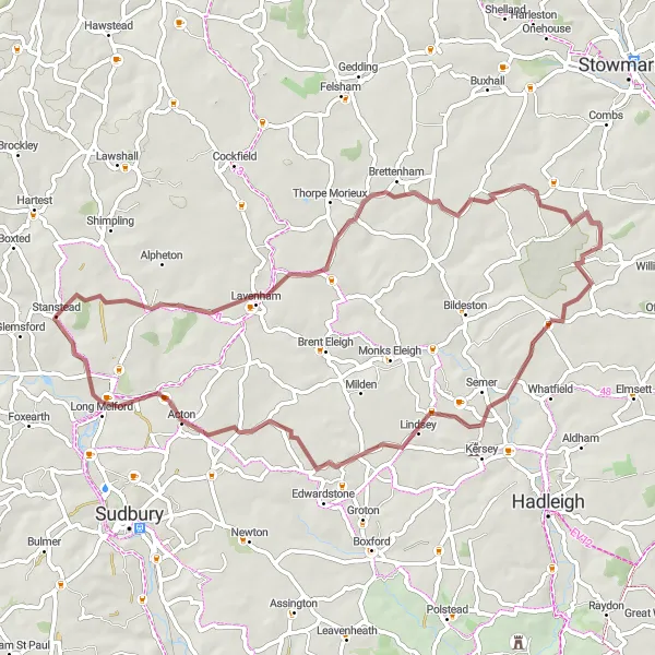 Map miniature of "The Suffolk Gravel Loop" cycling inspiration in East Anglia, United Kingdom. Generated by Tarmacs.app cycling route planner