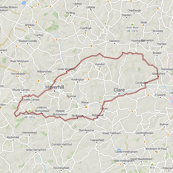 Map miniature of "The Gravel Escape" cycling inspiration in East Anglia, United Kingdom. Generated by Tarmacs.app cycling route planner